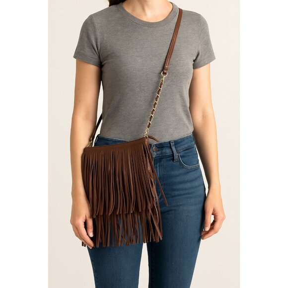 Brown Faux Leather Fringe Crossbody Bag – Boho Western Style – Gold Chain Strap - Picture 4 of 4